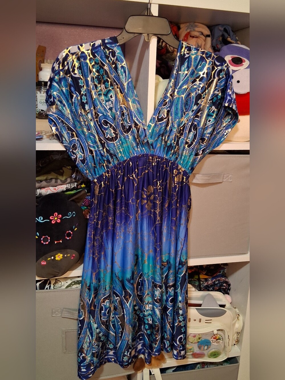 Shoreline Blue Teal and Gold Paisley V-Neck Maxi Dress - Picture 3 of 8